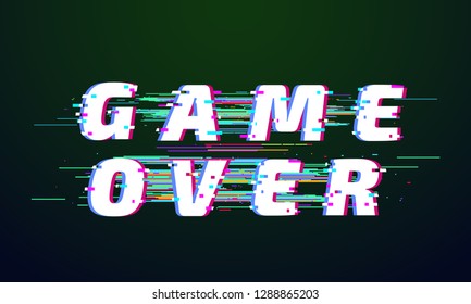 Glitch font. Game over distorted digital lettering screen. Glitched distortion display, broken television vhs noise pixel text vector illustration