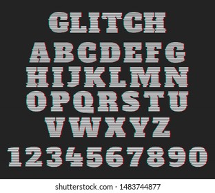 Glitch font. Latin distorted letters from A to Z and numbers from 0 to 9. Vector illustration