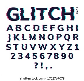 Glitch font letter game digital pattern. Glitch alphabet hipster font cool typography vhs effect svg