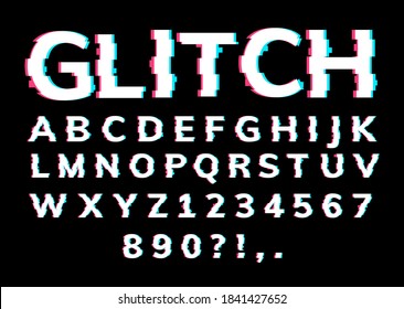 Glitch font letter game digital pattern. Glitch alphabet hipster font cool typography vhs effect svg