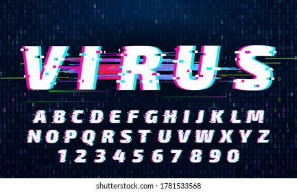 Glitch font. Letters and numbers with digital noise. Distorted alphabet typeset with tv signal glitches. Latin or english lettering in futuristic style. Trendy abc typeset vector illustration