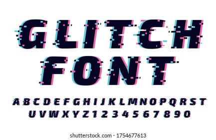 Glitch font. Letters and numbers in trendy and futuristic typeface style. Distortion alphabet typeset with vibrant effect. Latin lettering and digits with noise vector illustration set.