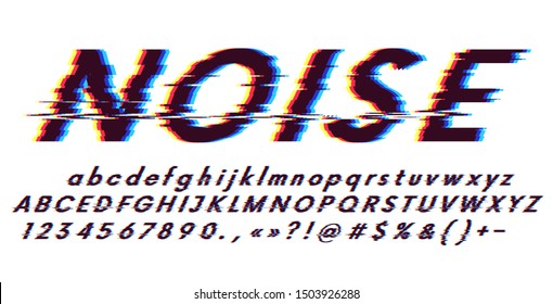 Glitch font oblique on a white background, digital image error, distortion of letters and characters, 3d stereo effect, blue and red color channel offset svg
