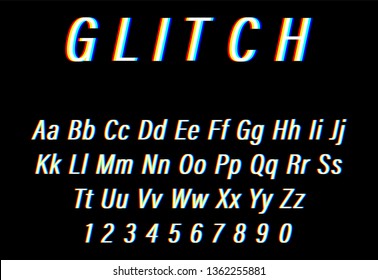 Glitch font on black background. Alphabet letters with numbers in Glitch design. Trendy style distorted glitch typeface. Letters and numbers. Eps10