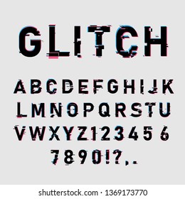 Glitch font set. Letters and numbers with temporary malfunction. Alphabet on a white background. Vector illustration.