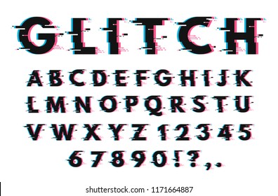 Glitch font set. Letterst and numbers with temporary malfunction or fault of equipment effcect. Vector glitch alphabet illustration on white background