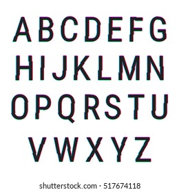 Glitch font. Typeface with distortion effect. Alphabet with chromatic aberration effect