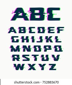 Glitch font, vector isolated letters, abstract symbols with digital noise, modern design alphabet on white background 