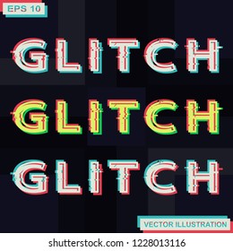 Glitch font,set of three color options.Abstract geometric background.Vector illustration.