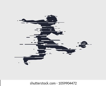 Glitch football soccer player shoots ball trendy glitch vector sport illustration