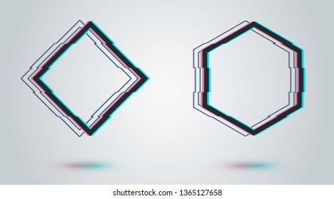 Glitch frame cadre templates set. TV screen technology style borders. Distortion glitch effect frames design. Futuristic geometric borders for text, advertising banner mockup. Hexagon and rhombus