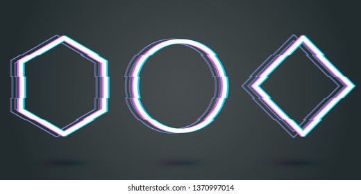 Glitch frame cadre templates set. TV screen technology style borders. Distortion glitch effect frames design. Futuristic geometric borders for text, advertising banner mockup. Hexagon, circle, rhombus