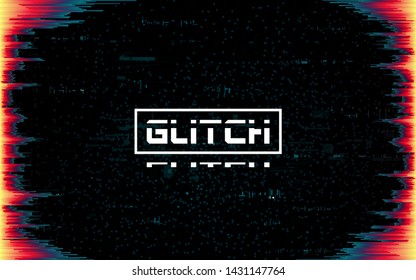 Glitch frame on dark backdrop. Color distortions and pixel noise. Cyberpunk template with distorted lines. Futuristic banner with dynamic elements. Future design. Vector illustration.