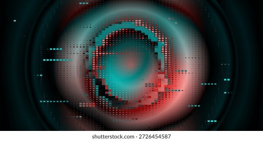Anel de quadro de falha com distorção de bug e artefatos digitais vermelho-ciano para interface futurista. Borda circular com linhas de ruído e efeitos de corrupção de dados. Design Cyberpunk para sobreposições de jogos tecnológicos.
