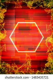 Glitch frame with technology error and neon hexagon