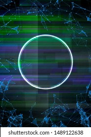 Glitch frame with technology error and neon circle