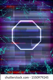 Glitch frame with technology error and neon octagon shape