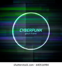 Glitch frame with technology error and neon circle
