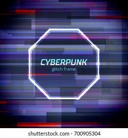 Glitch frame with technology error and neon triangle