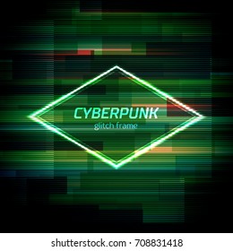 Glitch frame with technology error and neon triangle