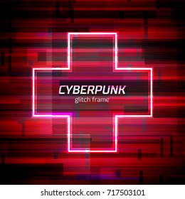 Glitch frame with technology error and neon triangle