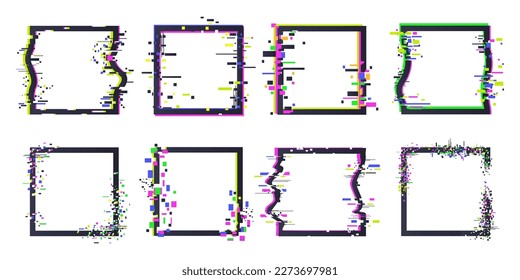 Glitch frames. Abstract digital distortion frame borders, pixelated noise glitch borders flat vector illustration set. Bad tv signal glitch effect