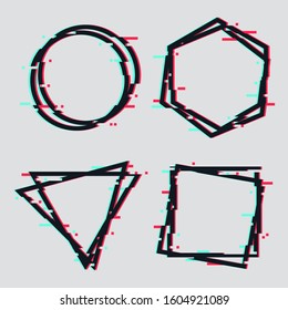 Glitch Frames. 
Geometric polygonal shapes with tv distortion effect. VHS glitch effect. Vector set.
