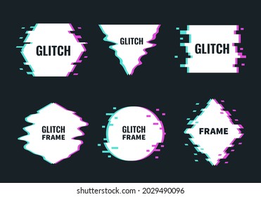 Glitch frames. Noise and distortion abstract minimalistic shapes, digital interferences trendy design, broken forms modern graphic. Modern minimal poster templates. Vector isolated set