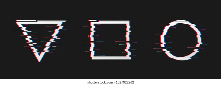 Glitch frames set. Geometric shapes with Tv distortion effect. Circle, triangle, and square with vhs glitch effect Vector illustration