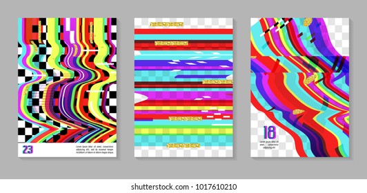 Glitch Futuristic Posters, Covers Set. Hipster Design Compositions for Brochures, Flyers, Placards. Trendy Template. Vector illustration