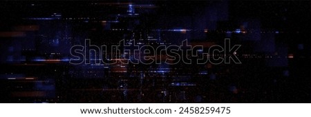 Glitch game effect tv screen with pixel texture background. Vhs digital pattern with retro television graphic design. Signal error broadcast overlay with distortion line art. Wide speed rewind frame