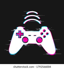 Glitch gamepad computer icon. Games console joystick on dark background. White joypad silhouette symbol