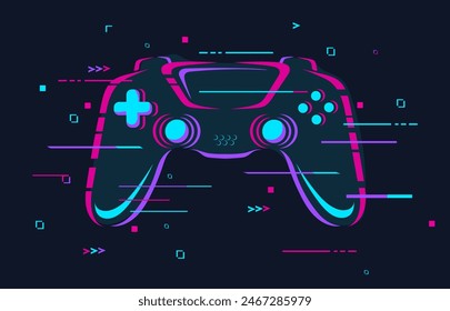 Glitch gamepad. Futuristic glitchy joystick cyber game zone logo gaming tournament poster, casual gamer controller light neon effect, esport action games neat vector illustration of console control