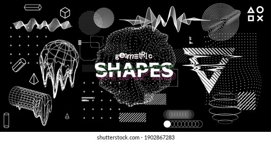 Glitch generative art with geometric shapes and composition. Abstract elements glitched collection. Sci-fi elements cyberpunk concept. Retrofuturism, vaporwave VR shapes set. Vector illustration