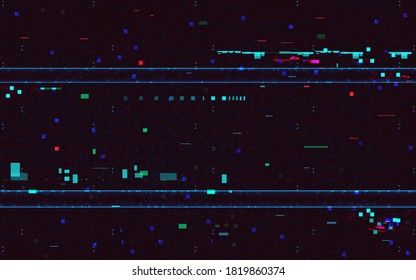 Glitch geometric distortion backdrop. Abstract random pixels on dark texture. Horizontal color lines. Old video concept. Cyberpunk glitch template. Vector illustration.