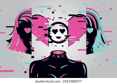 Glitch girl illustration art. Woman portrait with emoticon. Cyberpunk style.