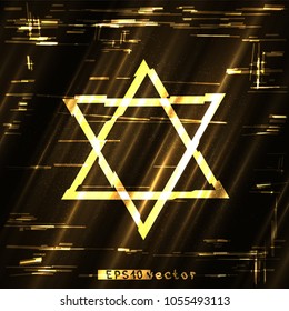 Glitch golden star of David sign light shape template. Abstract glitched religious gold vector symbol design backdrop