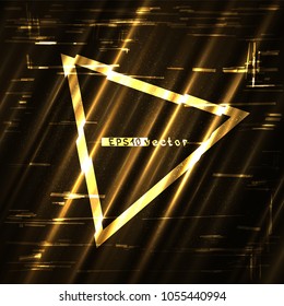 Glitch golden triangle light shape template. Abstract glitched gold vector frame design backdrop