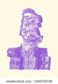 Glitch Grandfather In Round Glasses with a moustaches and gray beard. vector illustration