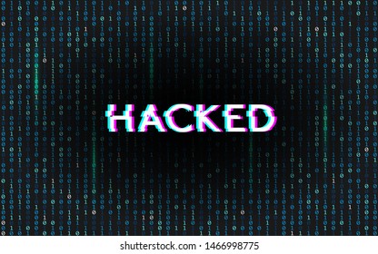Glitch hacked on matrix background. Binary code with stereo effect text. Digital data error. hacker attack template. Technology backdrop with distortions. Vector illustration.