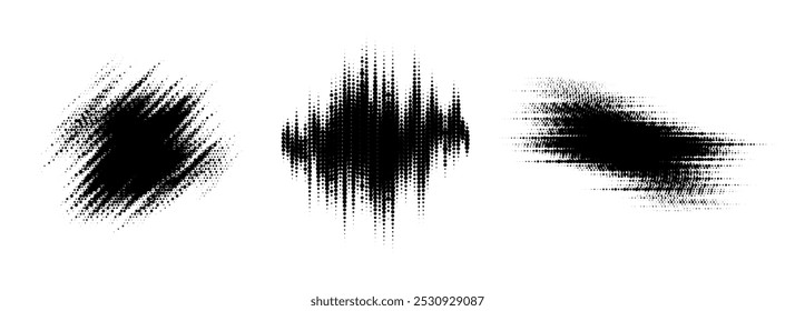 Conjunto de elementos de línea de semitono de Glitch. Colección de forma geométrica de textura de punto. Formas abstractas del arte pop del cómic del grunge para el Anuncio, cartel, collage, superposición, etiqueta, etiqueta. Paquete de Vector distorsionado y afligido