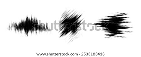 Glitch halftone line element set. Dotted texture geometric form collection. Grunge abstract comic pop art shapes for banner, poster, collage, overlay, label, box. Distressed distorted vector bundle