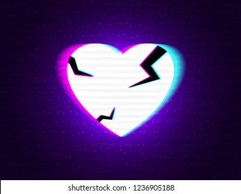 Glitch heart broken. Distorted neon love on modern background. Glitched stereo shape with double exposure. Abstract creative element for card, banner, poster. White cracked heart. Vector illustration.