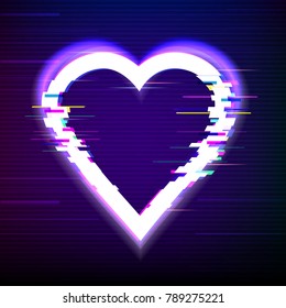 Glitch heart. Distorted glitch style modern background. Design element for Happy Valentine's Day. Ready for your design, greeting card, banner