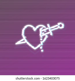 Glitch heart and knife icon. Fluorescent icon on brick wall background. Concept image for love relationship.