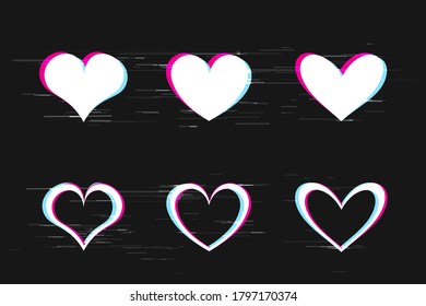 Glitch hearts set on dark background. White digital heart with color error