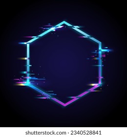 Glitch hexagon Frame Design. Glow Design for Graphic Design - Banner, Poster, Flyer, Brochure, Card. Vector Illustration