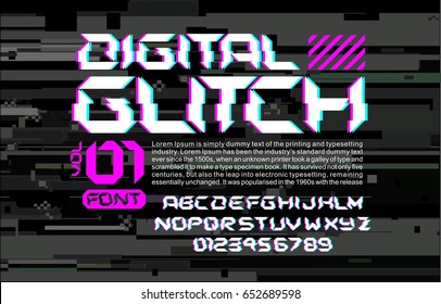 Glitch Hi-tech Space Font Lettering On Digital Glitch Background Cyberpunk Style Vector Design Composition With Stereo Vision Effect