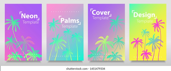 Glitch hologram texture with iridescent neon gradient palms. Set of backgrouns. Fluorescent bright neon colours cover, template, card, brochure, flyer.