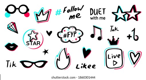 Glitch icons for music social media decorations. Vector graphic. Black pink rose sticker elements.